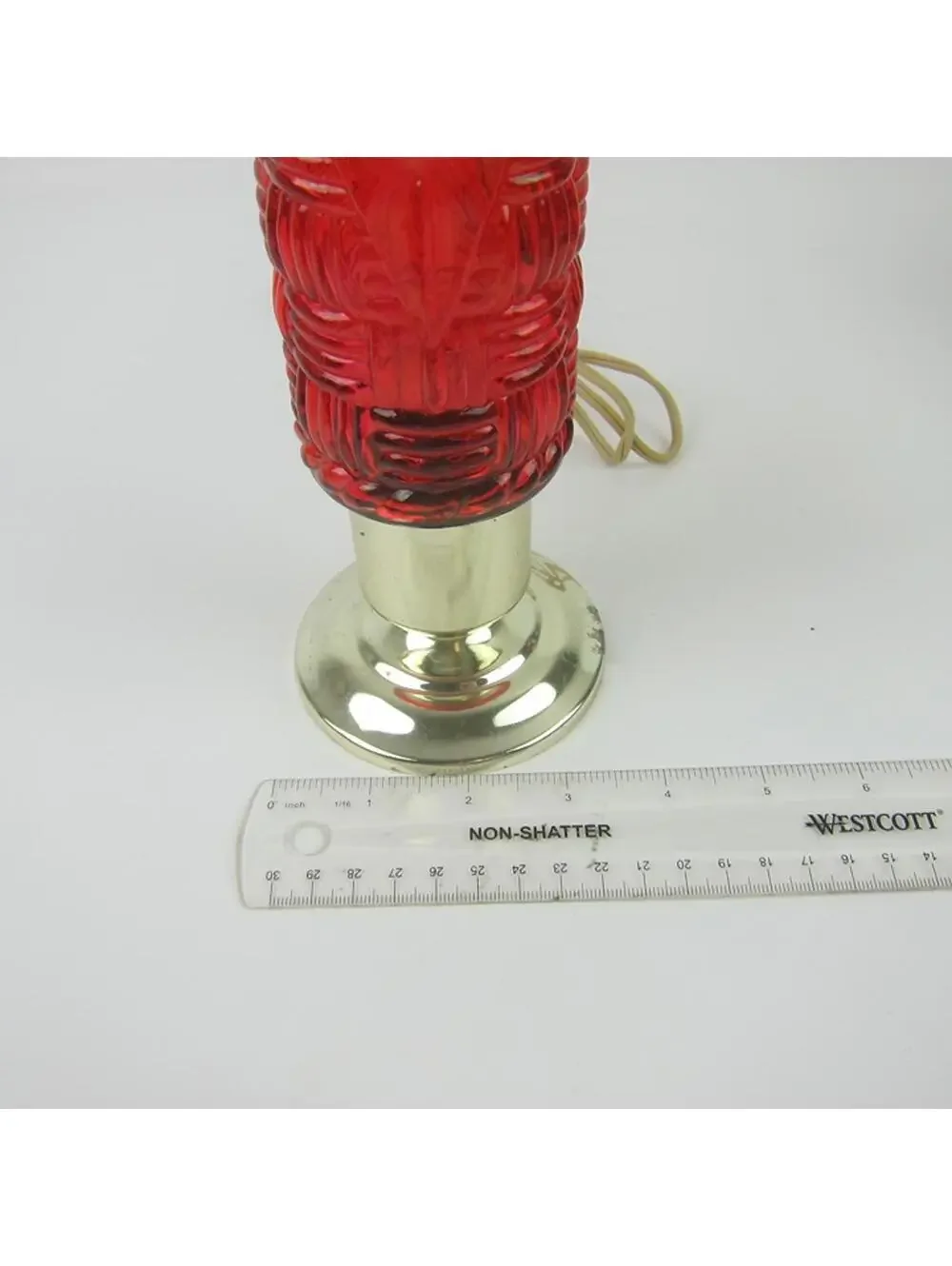 Vintage Torpedo Lamp Red Glass Basket Weave & Diamond Gold Base Art Deco WORKING